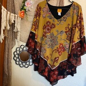 Ruby Rd. Yellow and Red Asymmetrical Ruffled Blouse with 3/4 Sleeves